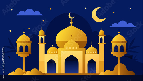 Golden mosque with crescent moon at night