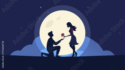 Man proposing to woman under the moonlight on transparent background silhouette
