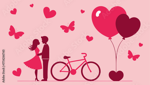 Couple with bicycle and heart balloons art on transparent background silhouette
