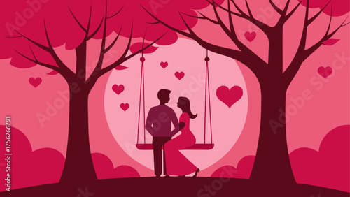 Couple on a swing under heart filled trees on transparent background silhouette