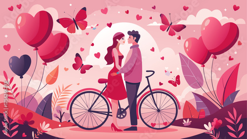 Couple embracing by bicycle with balloons on transparent background silhouette