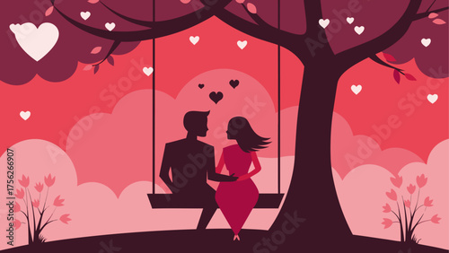 Couple silhouette on swing under love tree on transparent background