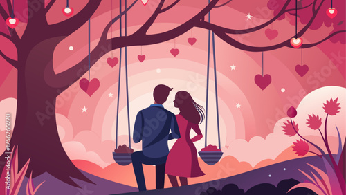 Couple on swing under heart decorated tree on transparent background silhouette