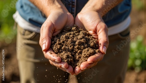 Female farmer holding rich soil in hands, nurturing growth