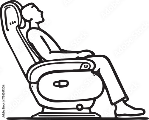 Recliner chair vector—black-and-white illustration of relaxed seated figure in padded armchair for comfort and lifestyle themes