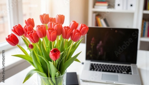 Vibrant red tulip bouquet on office desk, cheerful workspace ambiance