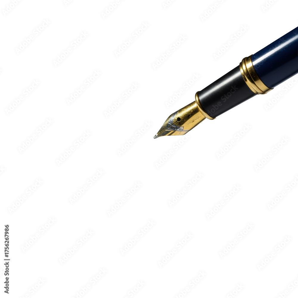 Naklejka premium Macro shot of a wet, glossy white contract document with 'CONTRACT' in jet-black ink, dark blue pen with gold accents making a wet stroke, on transparent, dramatic studio lighting. Legal precision
