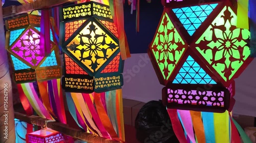 Colorful traditional Lanterns in Various Shapes Akash kandil (Diwali decorative lamps) Hang out side shop for sale celebrating Diwali Festival. stock photo