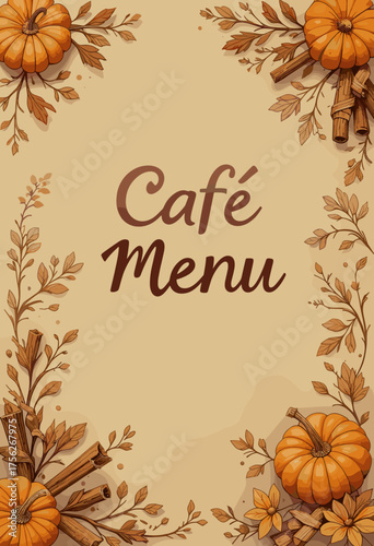 Autumn café menu design featuring pumpkins and cinnamon with floral elements on a warm background copy space