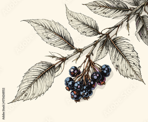 Detailed illustration of a branch with ripe berries and leaves, showcasing botanical art copy space