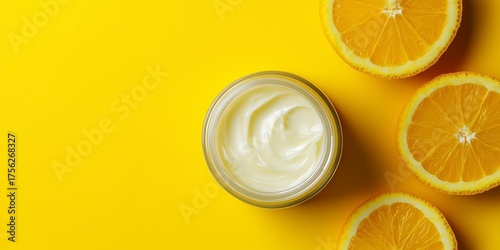 Natural Face Cream in Glass Jar with Fresh Orange Slices on Yellow Background with Copy Space.
