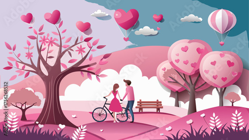 Couple with bicycle in valentine landscape on transparent background silhouette