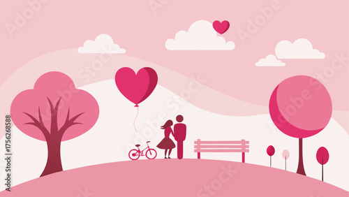 Couple standing with heart balloon in park on transparent background silhouette