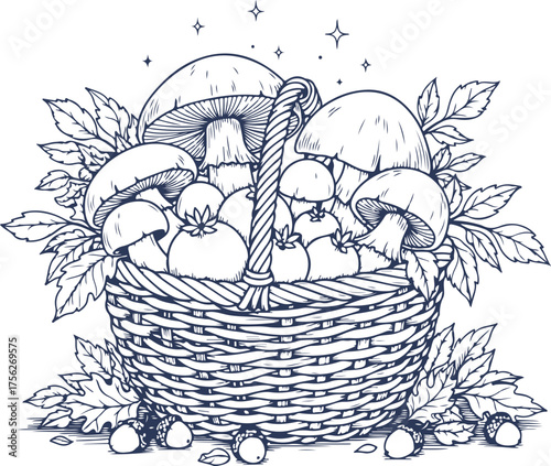 Vector art of basket full of mushrooms and berries, surrounded by leaves and acorns