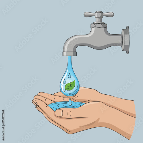 Protecting Our Planet A Symbol of Water Conservation and Environmental Care with Falling Droplets into Cupped Hands