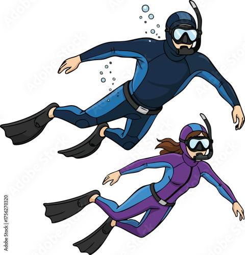 Couple enjoying a scuba diving adventure, exploring the underwater world with snorkel and fins