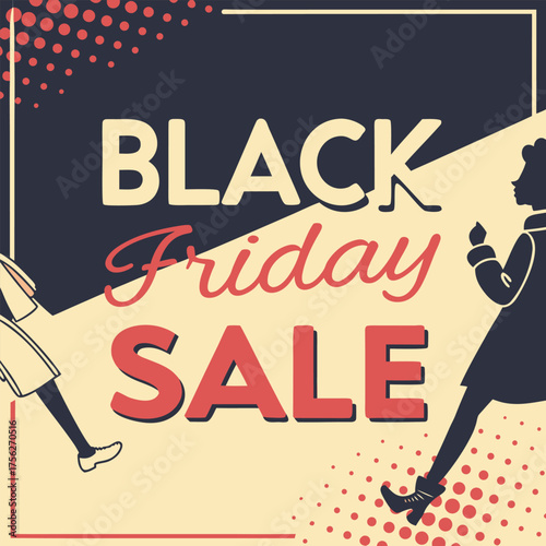 Black friday sale advertisement featuring silhouettes of people and a red polka dot pattern background