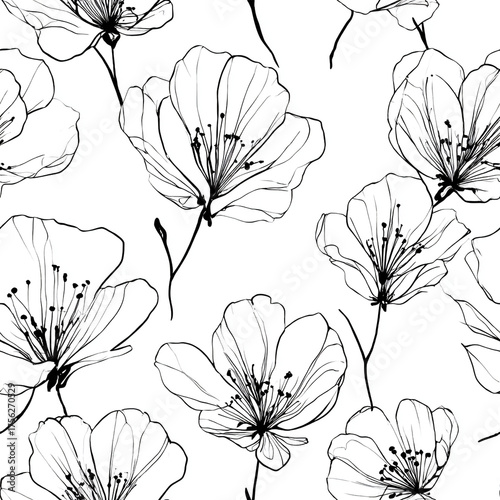 Minimalist Line Art Floral Seamless Pattern