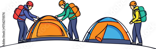 Illustration of people setting up tents on a snowy mountain slope during a camping trip