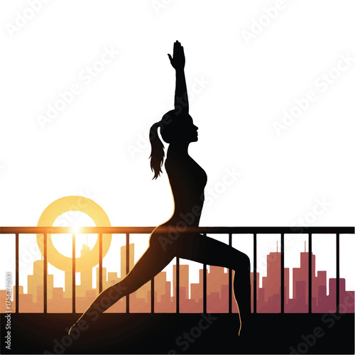 A young woman doing morning yoga on her balcony overlooking city skyline, soft golden light, vibrant colors. white background