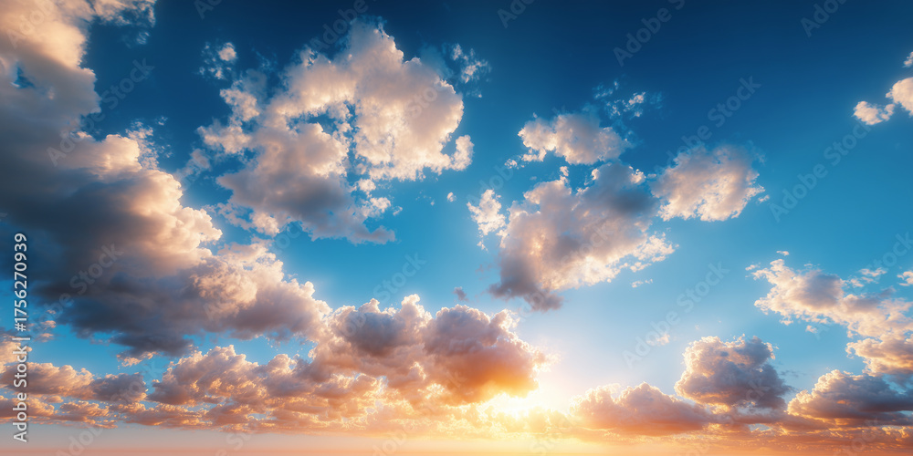 Fototapeta premium Beautiful white fluffy clouds on blue sky in the sunrise