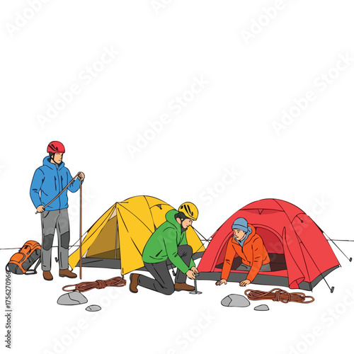 Outdoor camping and adventure scene with tents and people preparing for an expedition