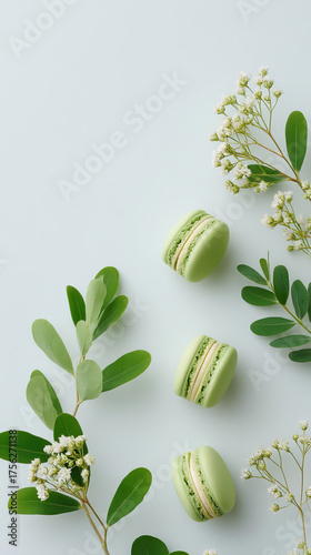 Green pistachio macaron dessert winter creation arranged with white blossoms green leaves minimal pastel background serene culinary composition