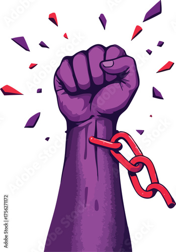 Empowerment fist vector—purple silhouette with broken red chain and burst effect for liberation, resistance, and justice themes