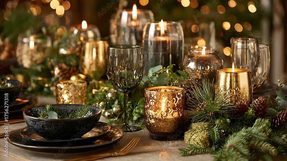 Fototapeta premium Festive table setting with candles, glassware, and greenery for a holiday celebration.