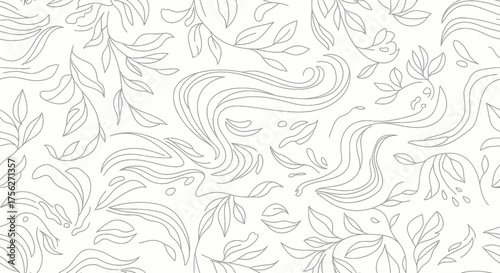 Elegant Seamless Botanical Pattern with Delicate Line Art Leaves and Flowing Organic Elements on a Clean White Background, Ideal for Decorative Designs and Natural-Themed Textures