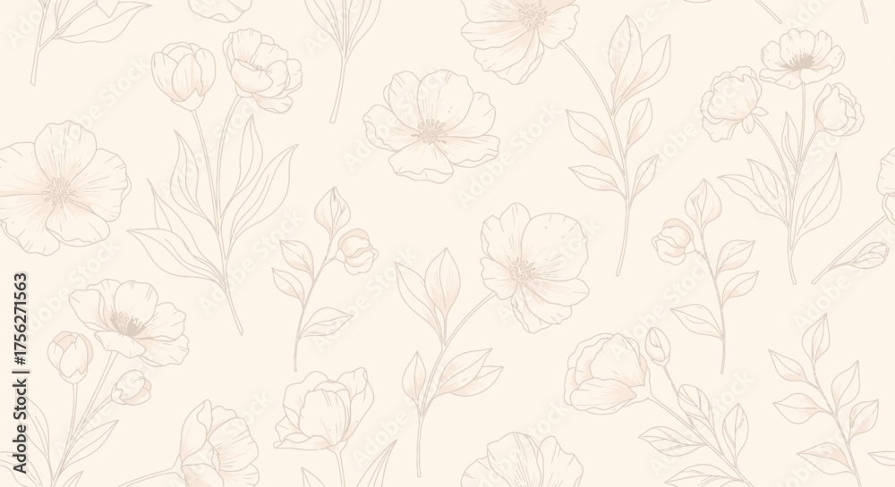 Fototapeta premium Delicate Floral Pattern Beige Background with Outlined Flowers and Foliage for Design