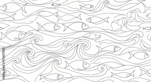 Seamless pattern of stylized fish swimming through flowing waves, rendered in a minimalist black and white line art style