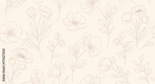 Delicate Floral Pattern Beige Background with Outlined Flowers and Foliage for Design