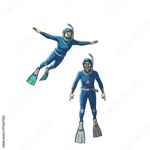 Scuba Divers in Blue Suits and Flippers, Ready for Underwater Exploration