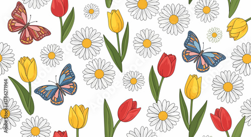 Charming seamless pattern illustration of a vibrant spring meadow featuring blooming tulips, cheerful daisies, and fluttering butterflies