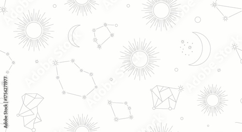 Elegant and Minimalistic Celestial Pattern Featuring Suns, Moons, and Constellations on a White Background for Cosmic-Inspired Designs and Wallpapers
