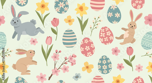 Easter Egg Hunt Pattern with Adorable Bunnies and Spring Flowers, Festive Holiday Design