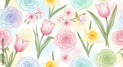 A whimsical watercolor illustration of a vibrant floral pattern featuring a delightful mix of pastel-colored roses, tulips, and daffodils, perfect for spring and nature-themed designs