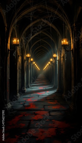 Spooky gothic corridor with flickering candles and cobwebs