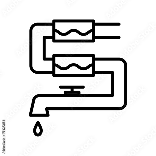 Water filtration linear icon. Desalination process. Waterdrop falling. Sanitation system. Water purification. Thin line illustration. Contour symbol. Vector outline drawing. Editable stroke

