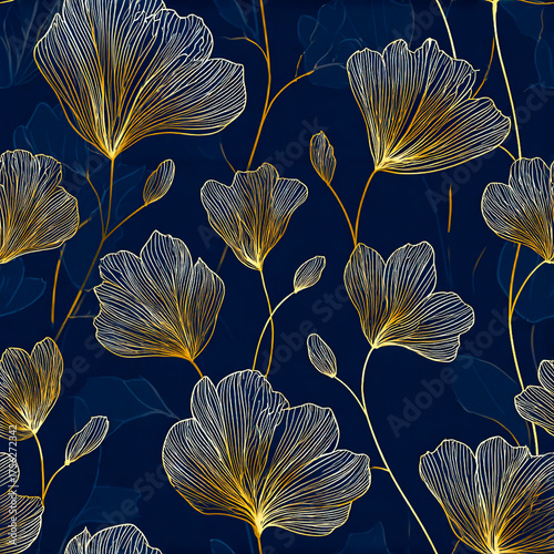Elegant Gold Line-Art Floral Seamless Pattern on Navy Background