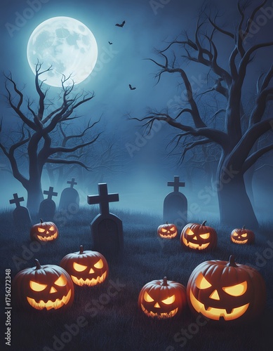 Spooky Halloween full moon night at graveyard