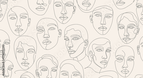 Abstract line art faces repeating pattern, modern minimal illustration for design projects