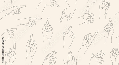 Set of various hand gestures and signs, illustrating communication and expression through hand movements on a light background