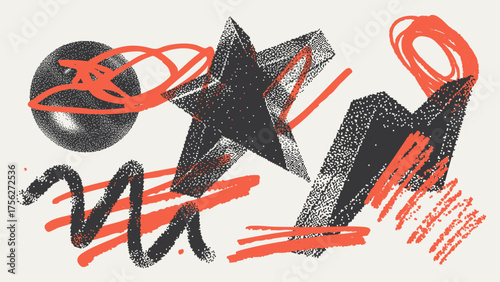 Universal Trendy Geometric Shapes Set With Vector Bitmap Dithering Texture.