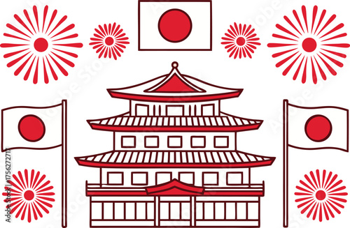 Emperor Birthday Japan Illustration Set. Japan Emperor Birthday Celebration Artwork. National Holiday Japan Design Collection. Japanese Emperor Celebration Illustration. Emperor Birthday Ceremony Art