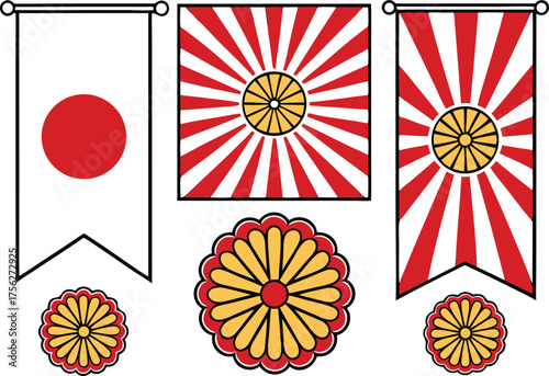 Emperor Birthday Japan Illustration Set. Japan Emperor Birthday Celebration Artwork. National Holiday Japan Design Collection. Japanese Emperor Celebration Illustration. Emperor Birthday Ceremony Art