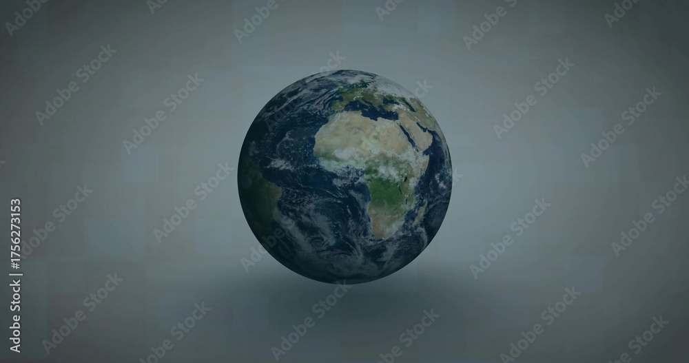Fototapeta premium Floating detailed 3D Earth globe showing continents and clouds against gray gradient backdrop