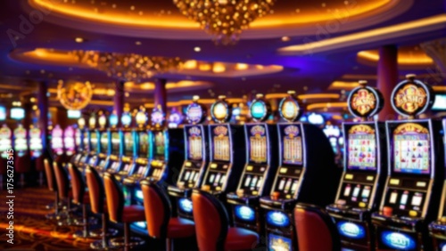 ボケソフトフォーカス背景のカジノ, スロット, 賭博, ベガス, スロットマシン, ジャックポット, ゲーム, お金, 賭け事, 勝つ,