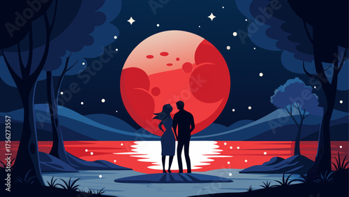 Couple watching the moonlit landscape view on transparent background silhouette